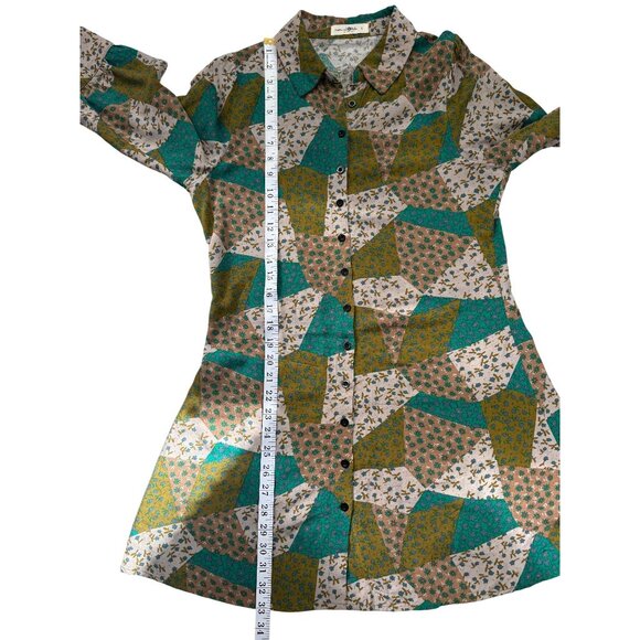 Natural Life Womens Mini Shirt Dress Tunic Button Up Patchwork Green Tan Size S - Picture 6 of 7